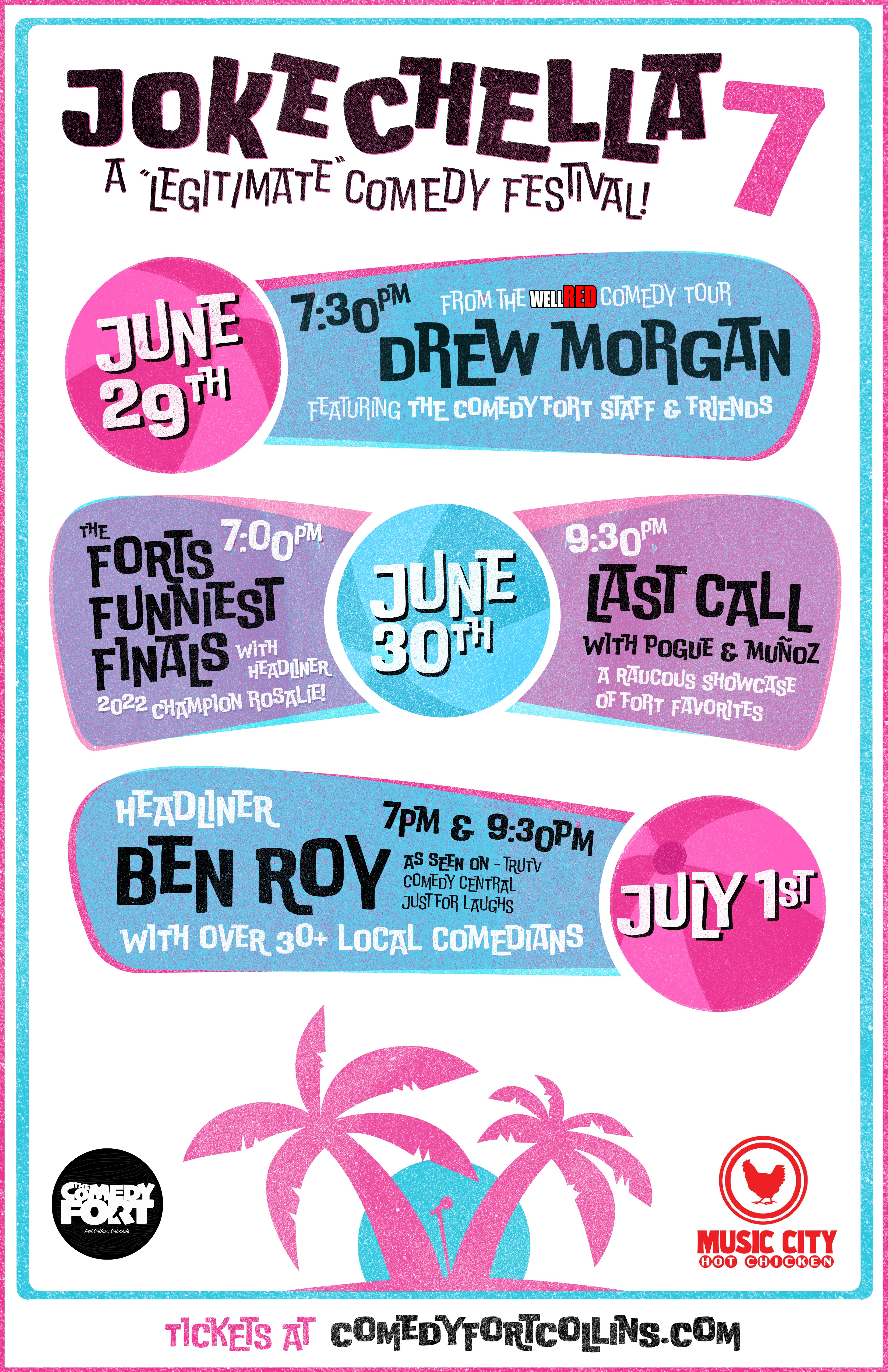 Jokechella 7 print poster with schedule, sponsors, and ticket information