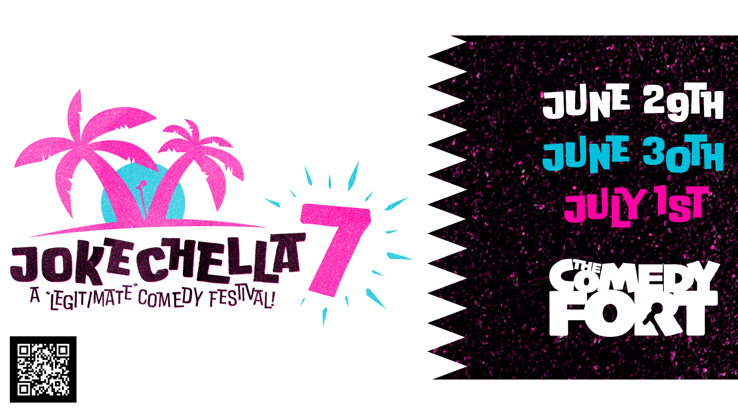 Jokechella 7 social slide with dates and QR code