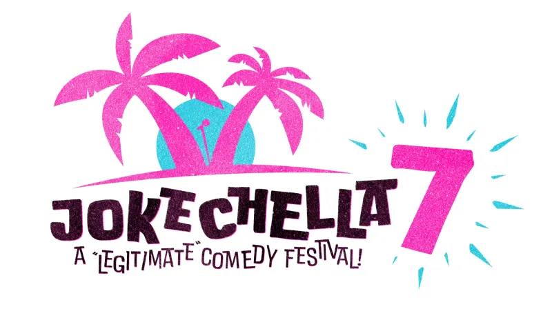 Jokechella 7 Ultimate Comedy Festival logo in pink, blue, and black on white
