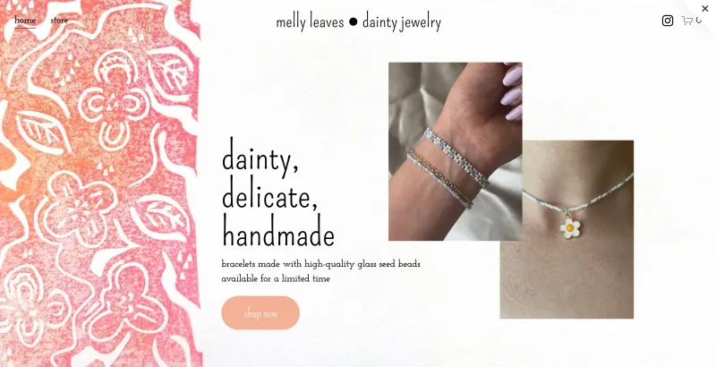 Melly Leaves Dainty Jewelry homepage showing handmade jewelry photos and peach floral brand artwork