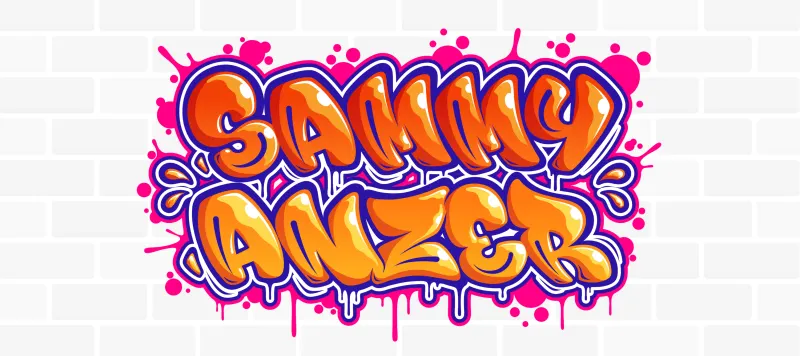 Sammy Anzer graffiti-style lettering in orange, pink, and blue