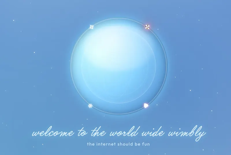 World Wide Wimbly homepage with a glowing globe, stars, and playful app links